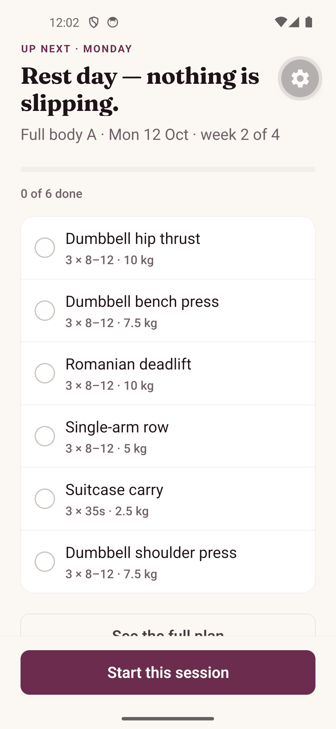 Loadbearing plan for the day with six exercises, sets and weights
