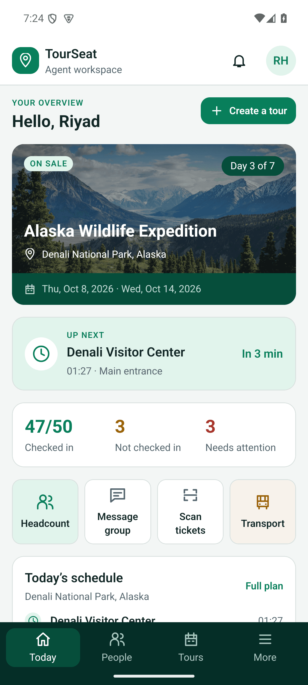 TourSeat agent workspace in a sample trip